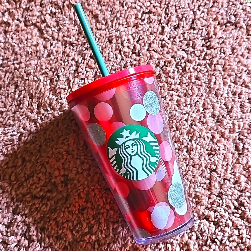 STARBUCKS 2019 Holiday Red Glitter Polka Dot Tumbler Cold Cup 16oz